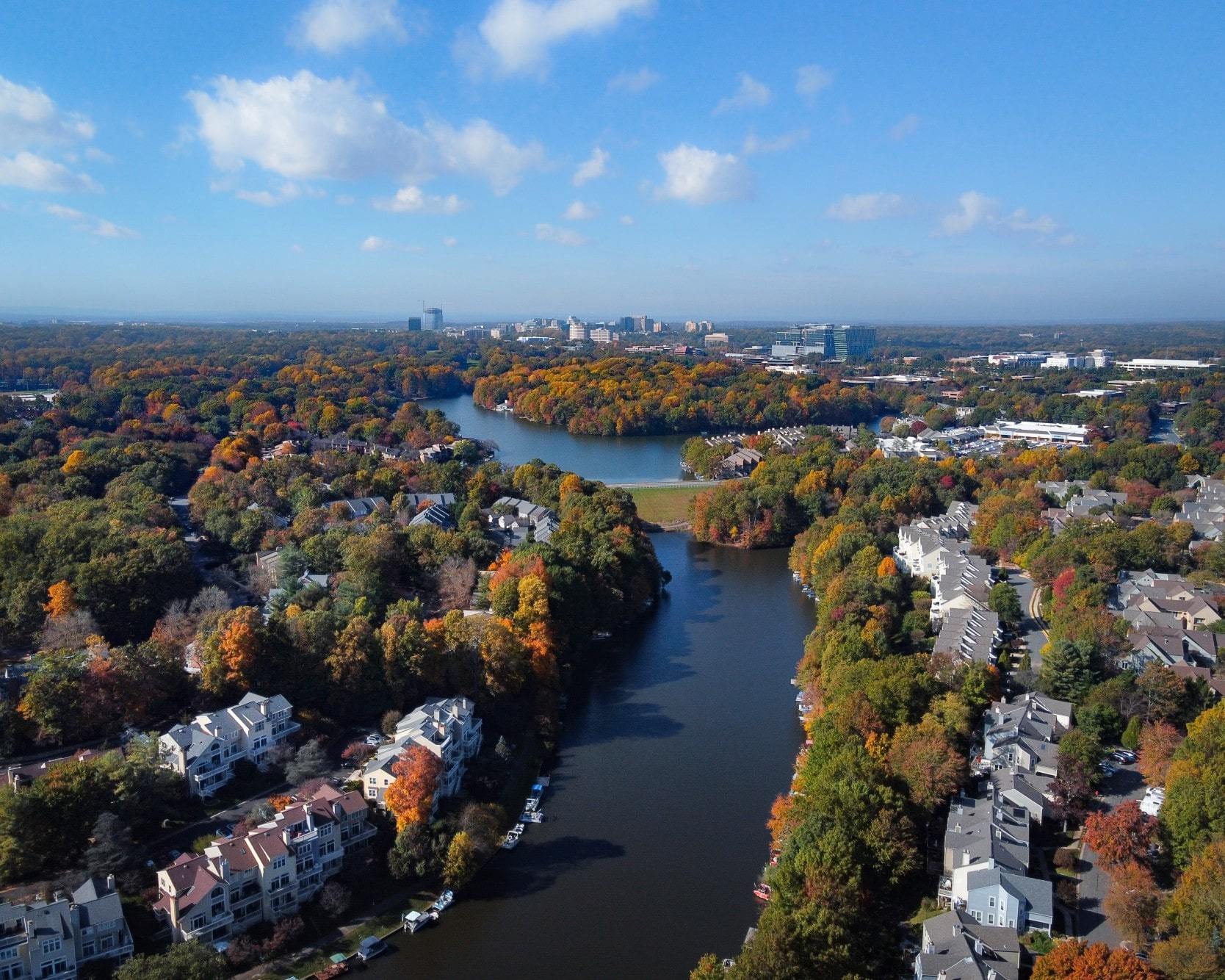 Aerial view of waterfront real estate in Reston, Fairfax County, Virginia